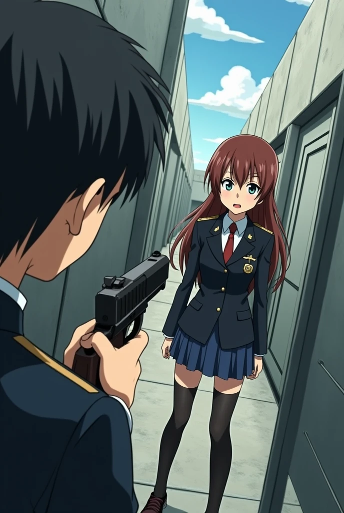 In the anime、,ass pov,First-person view,Surprised face,He points a gun at a girl in a military uniform.
