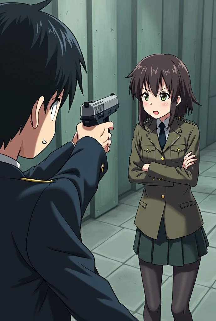In the anime、,ass pov,First-person view,Surprised face,He points a gun at a girl in a military uniform.