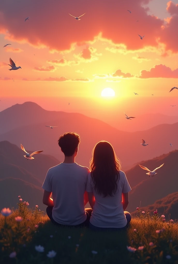 Couple sitting watching Sunset with birds on a hill top