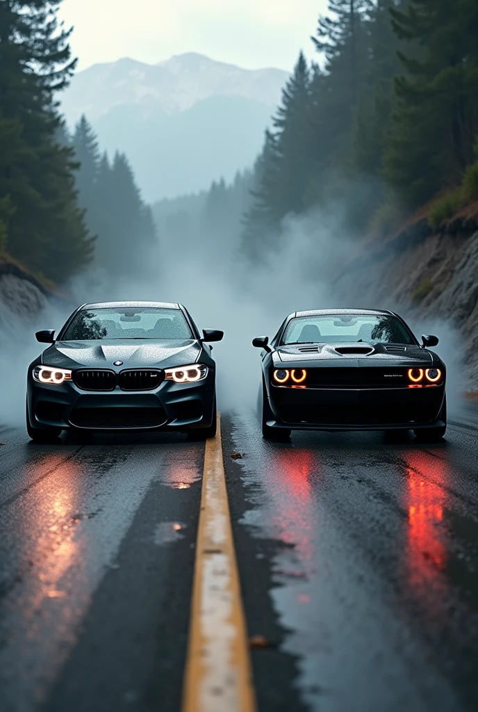 Bmw M5 competition and Dodge Challenger with devil eyes in back side
