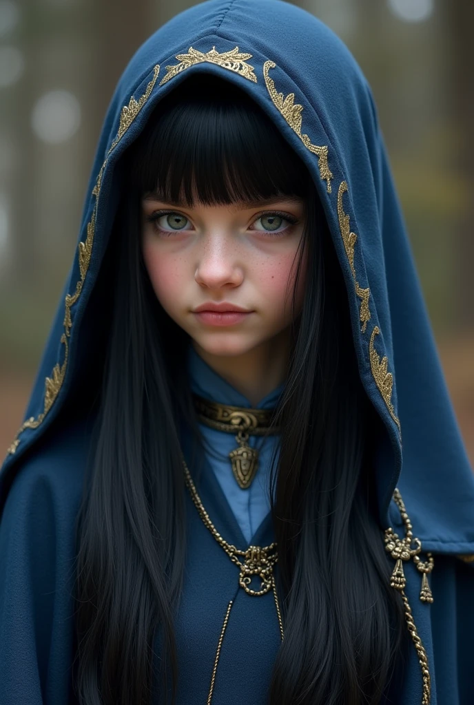 The girl wears a Ravenclaw house dress like in Hogwarts. Her long, straight, jet-black hair covers her face slightly but neatly. Her eyes are a dull grey color. 