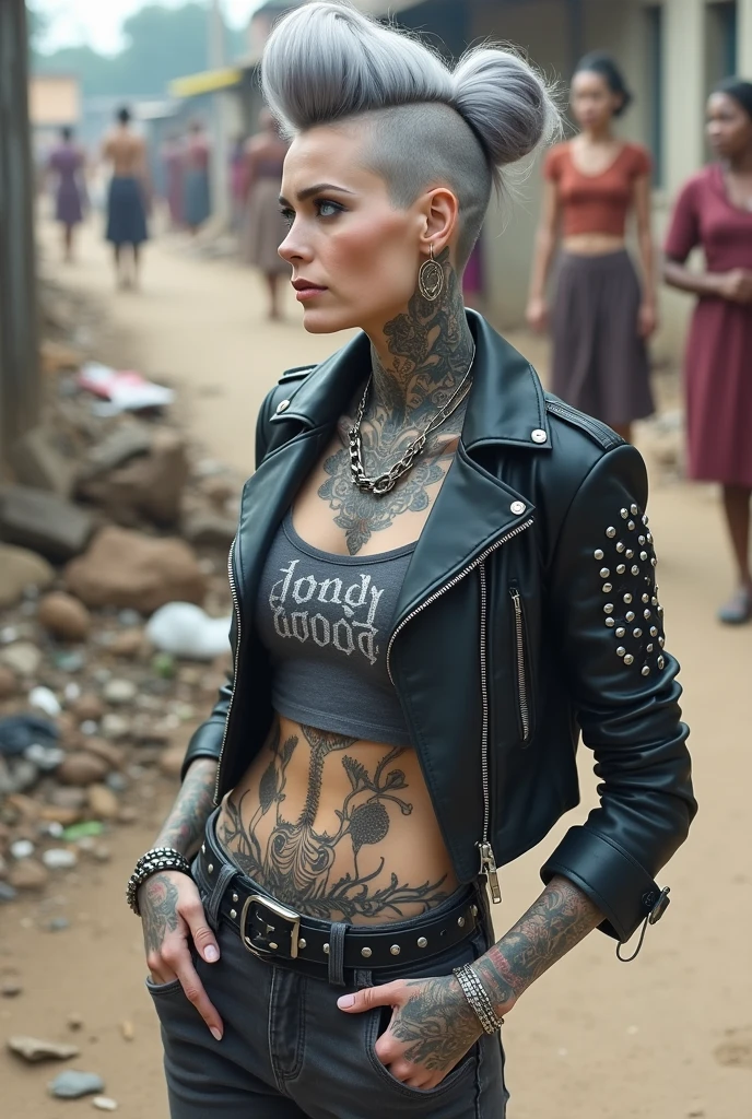 russian milf woman, grey hair (high pouf, shaved sides, top bun), with very light blue eyes, extremely pale skin. All neck tattooed. All stomach tattoed. All chest tattooed.All hands tattooed.Wearing aged black moto jacket with lots of zippers and pins, flipped up collar. Cropped dark grey t-shirt with rock band logo. Dark grey skinny low rise jeans.. wide black studded belt. hands in pockets, chin up, stretching her neck , humble facial expression.. Listening with tilted head, looking up to somebody more clever speaking to her. Well toned abdominals, thin neck, slim legs and thin arms. Narrow hips. Dirt street in Kenyan village full of waste. Lots of silver bracelets. A lot of tanned fat women in traditional dresses around looking down at her