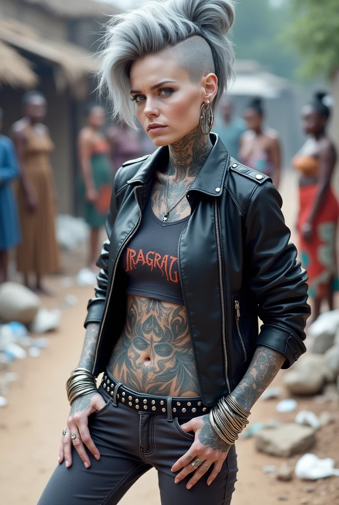 russian milf woman, grey hair (high pouf, shaved sides, top bun), with very light blue eyes, extremely pale skin. All neck tattooed. All stomach tattoed. All chest tattooed.All hands tattooed.Wearing aged black moto jacket with lots of zippers and pins, flipped up collar. Cropped dark grey t-shirt with rock band logo. Dark grey skinny low rise jeans.. wide black studded belt. hands in pockets, chin up, stretching her neck , humble facial expression.. Listening with tilted head, looking up to somebody more clever speaking to her. Well toned abdominals, thin neck, slim legs and thin arms. Narrow hips. Dirt street in Kenyan village full of waste. Lots of silver bracelets. A lot of tanned fat women in traditional dresses around looking down at her