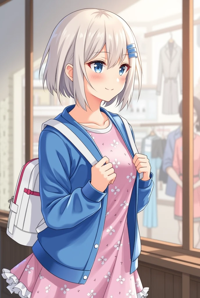 special_week_(umamusume), fudangi, hairclip, blue jacket, open jacket, print dress, pink dress, window shopping, small breasts, highres, upper body, smile, white backpack, solo, beast quality
