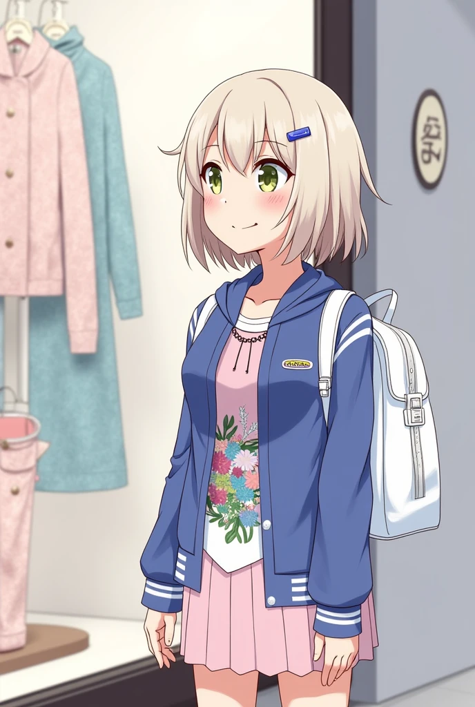 special_week_(umamusume), fudangi, hairclip, blue jacket, open jacket, print dress, pink dress, window shopping, small breasts, highres, upper body, smile, white backpack, solo, beast quality
