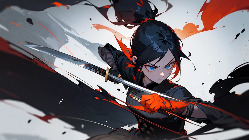 silhouette,sumi ink painting,A dynamic ,a young warrior woman with piercing blue eyes, holding a bloodstained katana. She has a fierce expression and is ready for battle, with her hair tied back and strands flowing in the wind. The background is minimalistic with splashes of red and orange, emphasizing the dramatic and powerful atmosphere of the scene. Her attire is dark and tattered, adding to her determined and resilient appearance.