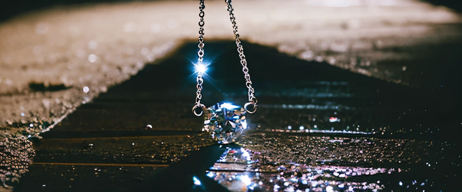 A simple round diamond pendant lies on a dirty floor、On the dusty floor of a dark basement、Thin silver chain with small round diamonds、necklace、Being thrown away by nature