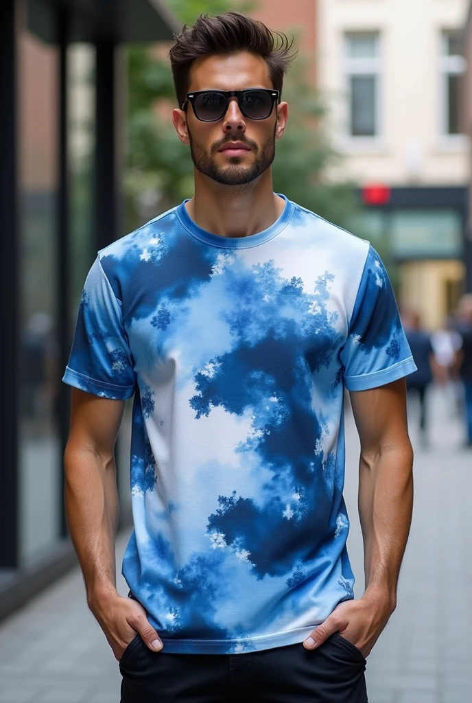 light blue, dark blue ,white mix pattern tshirt