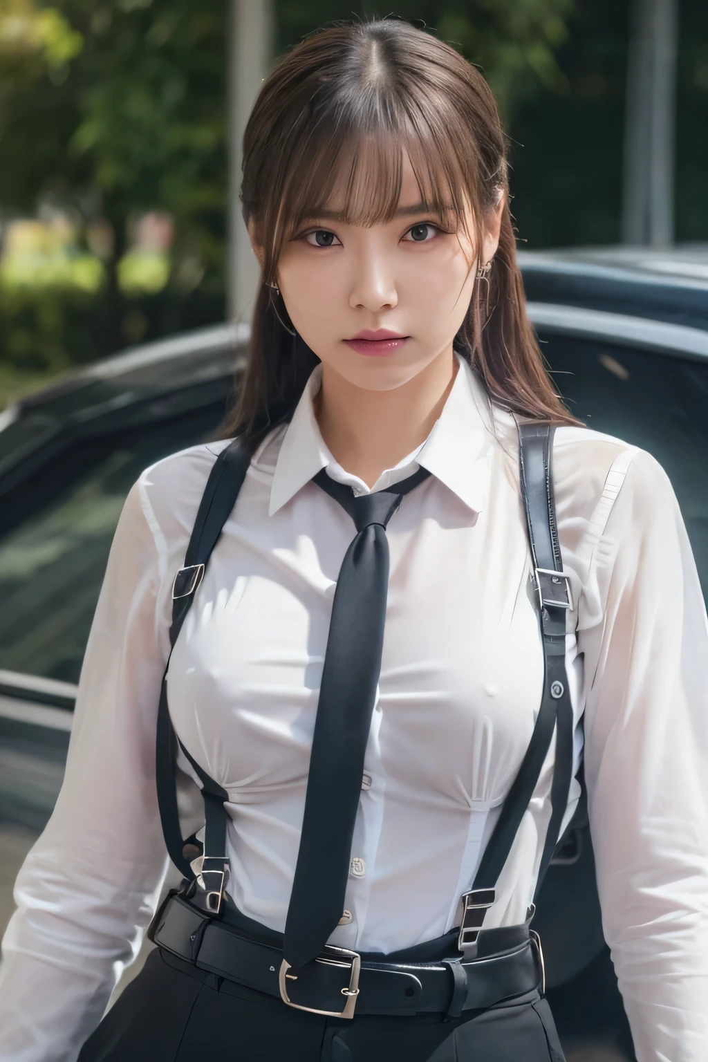 a woman in a suit, belt, hands behind back, sweating, suspenders, black pants, sexly, large breasts, see-through clothing, rain, detective, office worker, white button-up shirt, (best quality,4K,8k,highres,masterpiece:1.2),ultra-detailed,(realistic,photorealistic,photo-realistic:1.37),hyper-detailed,highly detailed face and body, Slender　thin　suspenders　Moderate breasts　See-through shirt　Nipples　holster　chain　Pistol　Armament　criminal　Female criminal　knife