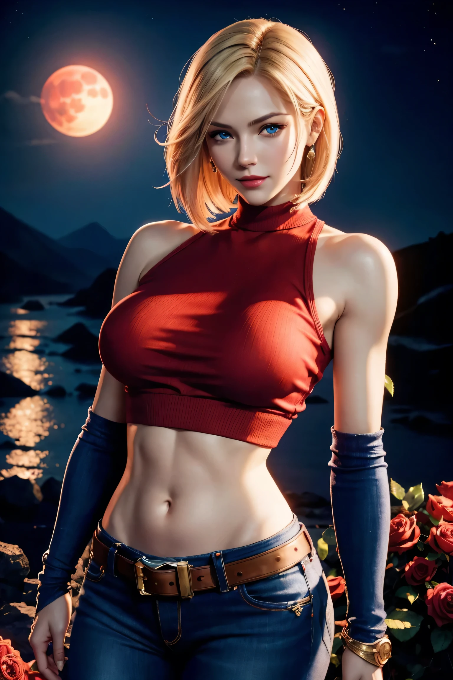 KOF,King of Fighters,Blue Mary,Blue Eyes,Blonde Hair,Medium Hair,Beautiful white skin,Photorealistic,Ultra HD,high quality,masterpiece,Digital SLR,Detailed details,Intricate details,Anatomical basis,Depicted in detail,A detailed face,Realistic skin texture,Vivid details,Perfect Anatomy,Perfect Anatomy,Anatomically correct hand,Anatomically correct fingers,Super Detail,Complex 3D rendering,Sexy pose,Red knitted tops,No sleeve,jeans,Fantasy worldview,Beautiful red sea,Beautiful Red Moon,Beautiful night sky,Petals of roses dance,Picturesque,Pink Lips,smile,