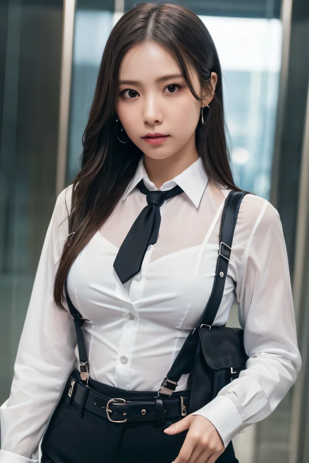 a woman in a suit, belt, hands behind back, sweating, suspenders, black pants, sexly, large breasts, see-through clothing, rain, detective, office worker, white button-up shirt, (best quality,4K,8k,highres,masterpiece:1.2),ultra-detailed,(realistic,photorealistic,photo-realistic:1.37),hyper-detailed,highly detailed face and body, Slender thin suspenders Moderate breasts See-through shirt Nipples holster chain Pistol Armament criminal Female criminal knife