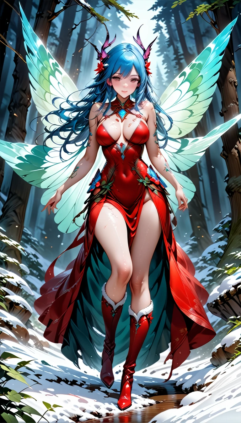 (oil painting art: 1.5) a most beautiful fairy playing in the snow, a beautiful fairy, spread butterfly wings, dynamic hair color, dynamic hair style, busty, wearing red silk dress, intricate silk, wearing high heels boots, she is playing the snow, fresh snow in the forest, high snow, High Detail, Ultra High Quality, High Resolution, 16K Resolution, Ultra HD Pictures, Ultra Realistic, Clear Details, Realistic Detail, Ultra High Definition