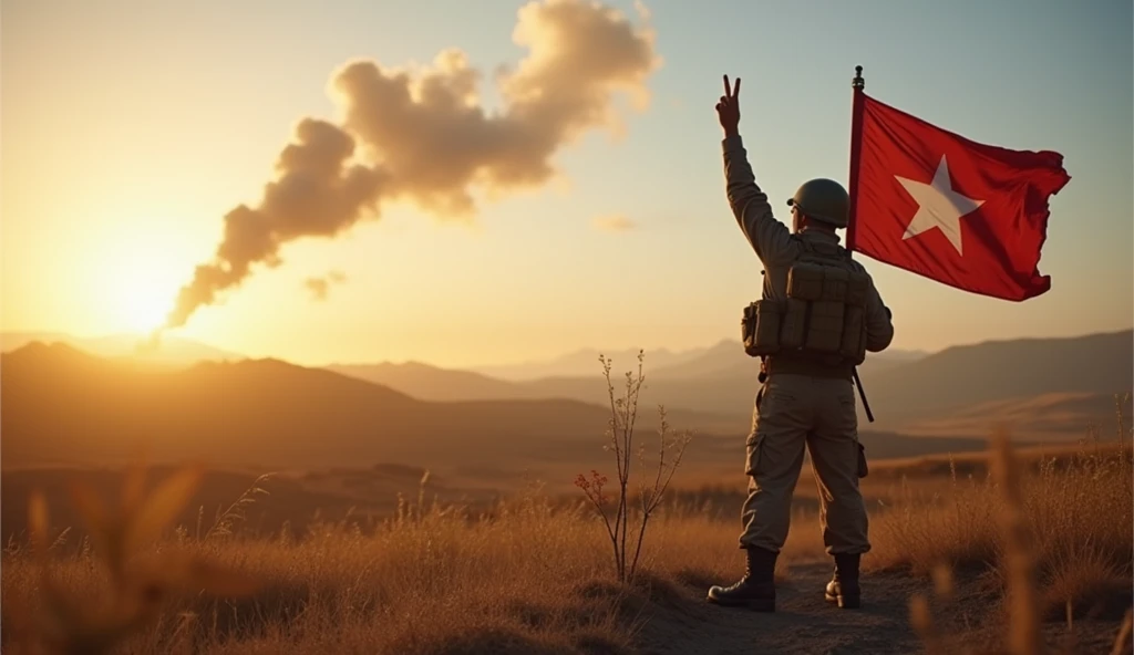 A battlefield, a Soldier, write " Battlefield" in the picture showing a victory sign with flag.