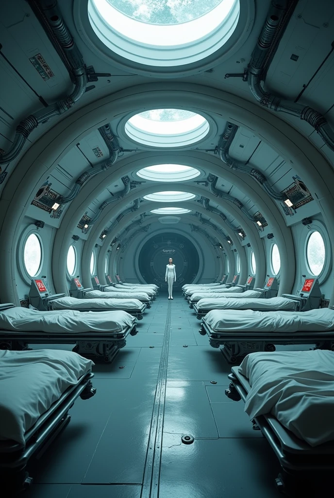 A highly detailed, futuristic room with many beds, round windows, seeding chamber, woman breeding chamber, masterpiece, realistic, photorealistic, 8k, ultra-detailed, hyperrealistic, dramatic lighting, cinematic composition, moody atmosphere, glowing technology, deep shadows, metallic surfaces, clean modern interior, intricate machinery, flowing curves, advanced scientific equipment, minimal color palette, cool tones, eerie ambiance