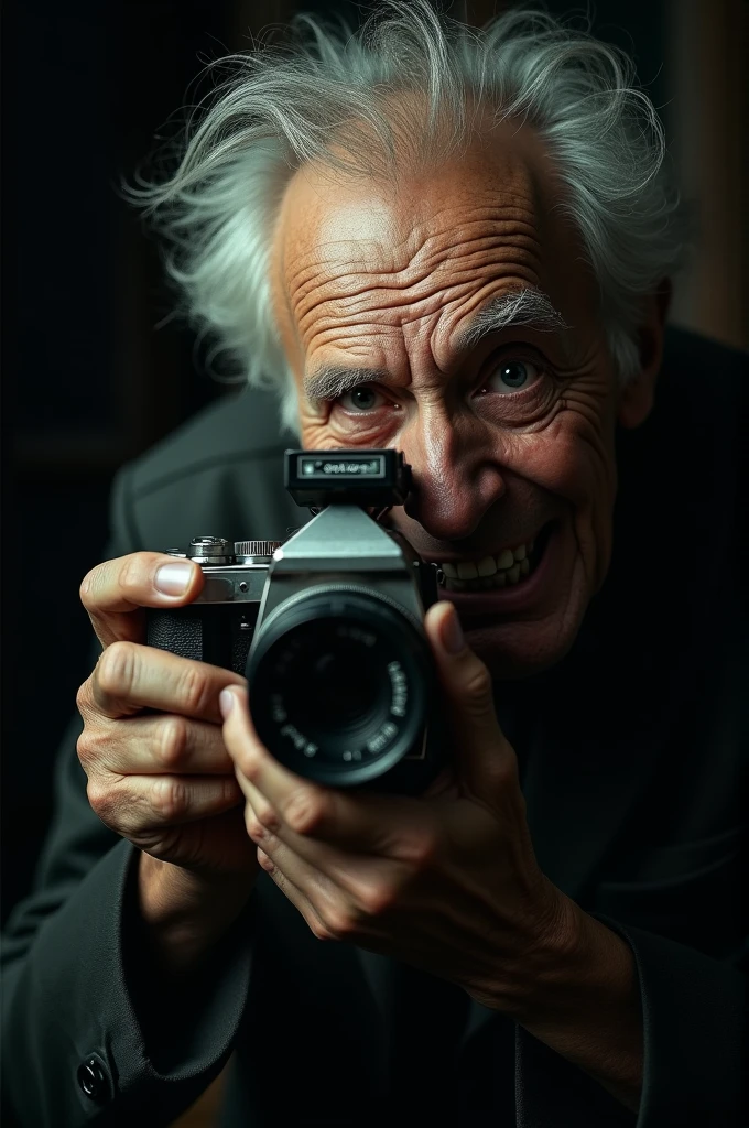 An old man seeing something in his camera with creepy smile