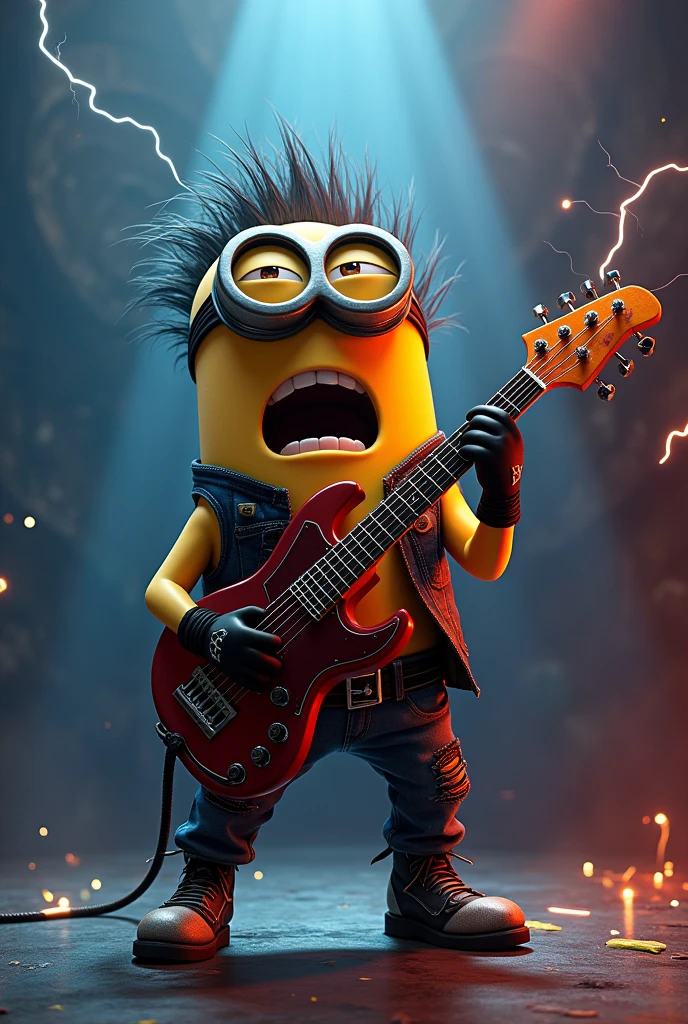 badass Minion
playing electric guitar and singing.make minion look like rockstar.make him more energetic and cool and spijey gair