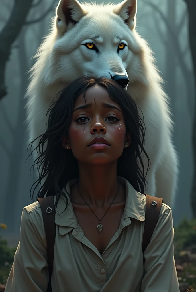 Une fille noire qui pleure avec un loup blanc derrière