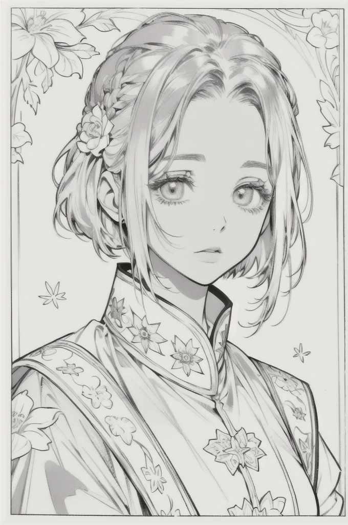 ((As a coloring book, the colors should be white and black, the border should be simple, clear, distinct and thick lines)). Cartoon picture book of beautiful Asian girl with short golden hair, detailed background, clear skin, one girl, close up of head, floral background, clean line drawing