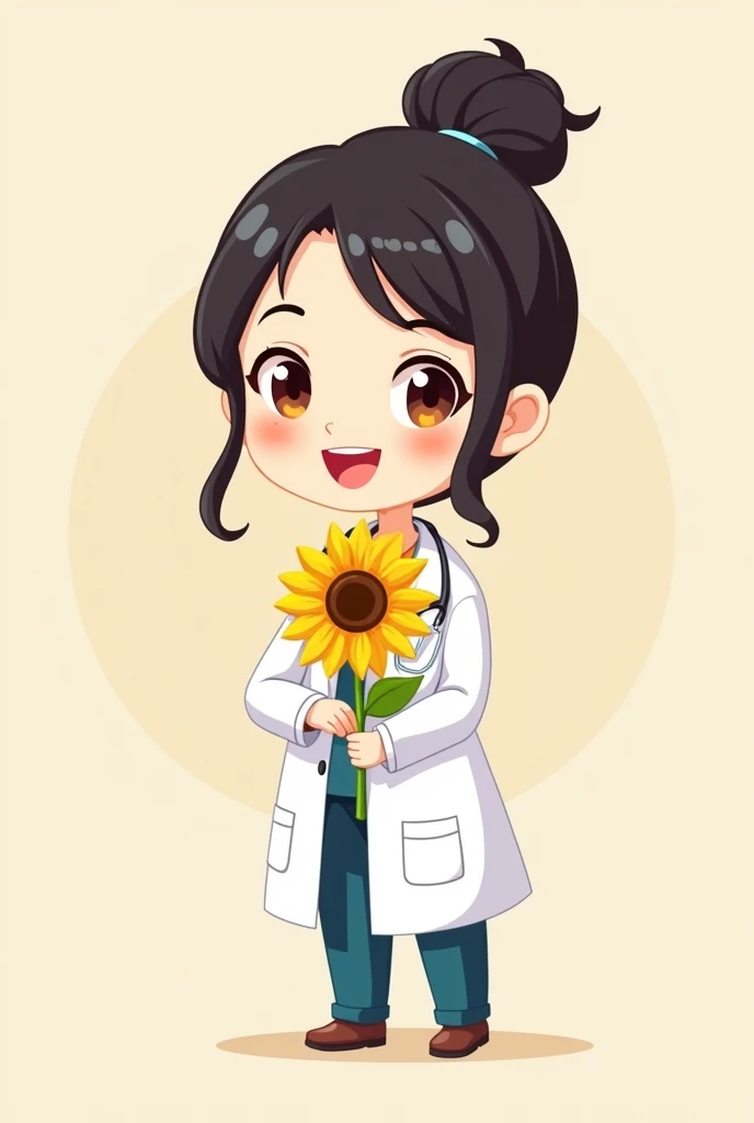 woman black hair tied bun pharmacist cartoon cute chibi holding sunflower