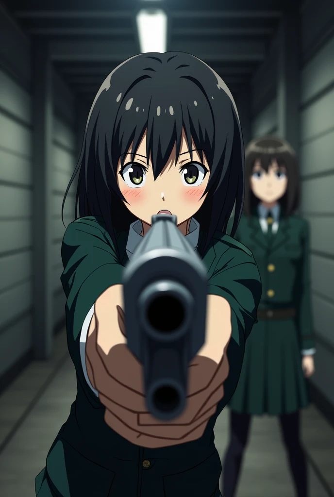 In the anime、FPS,ass pov,First-person view,Surprised face,He points a gun at a girl in a military uniform.
