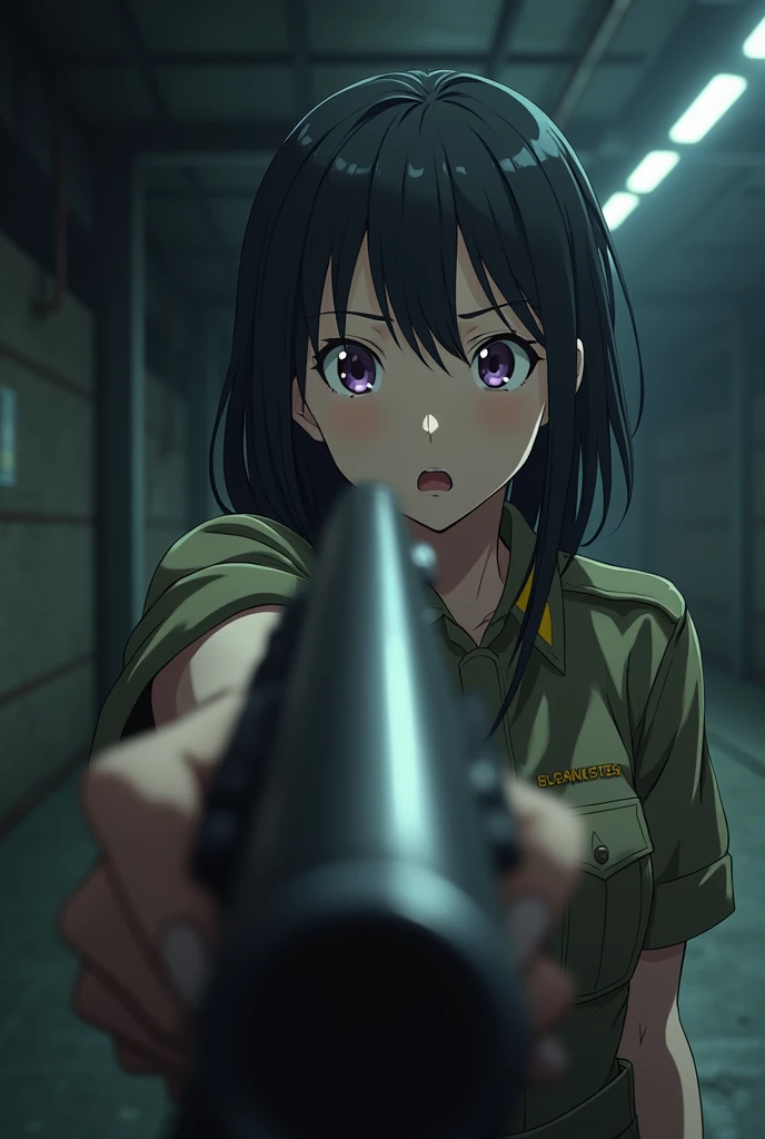In the anime、FPS,ass pov,First-person view,Surprised face,He points a gun at a girl in a military uniform.