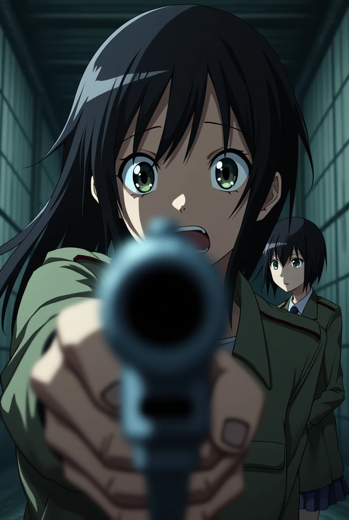 In the anime、FPS,ass pov,First-person view,Surprised face,He points a gun at a girl in a military uniform.