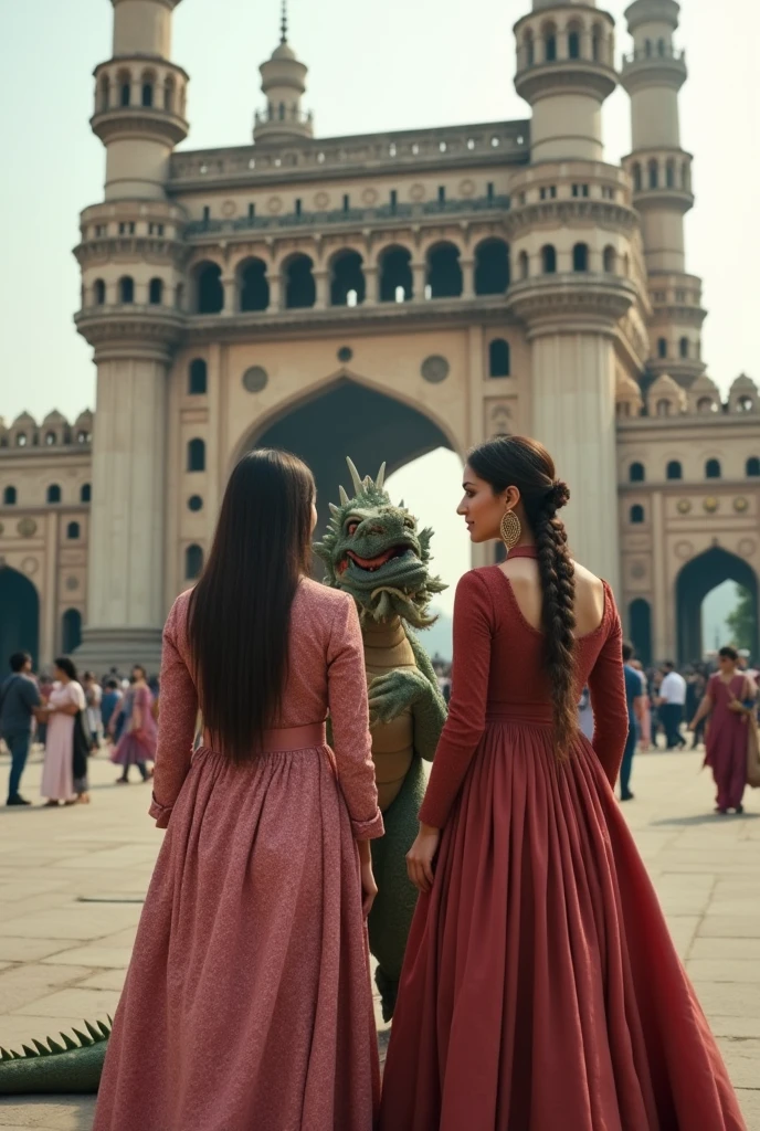 Pakistani actresses Iqra Azmi and Heena Khan are standing in front of Charminar with a big dragon standing next to them.