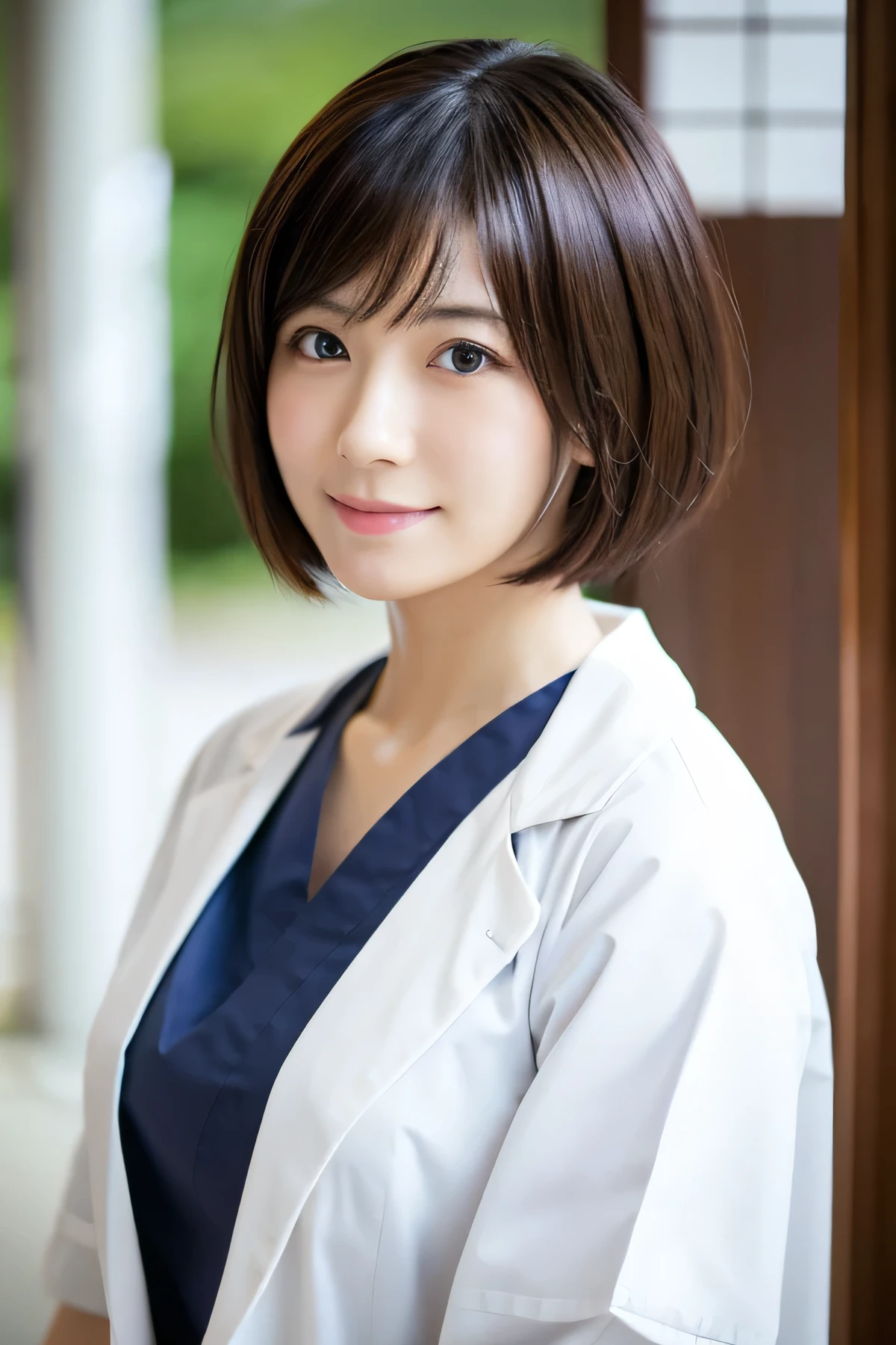Photorealistic, high resolution, High resolution,Japan Beautiful Nurse, 4, short hair, White Lab Coat, Upper Body, hospital, ward