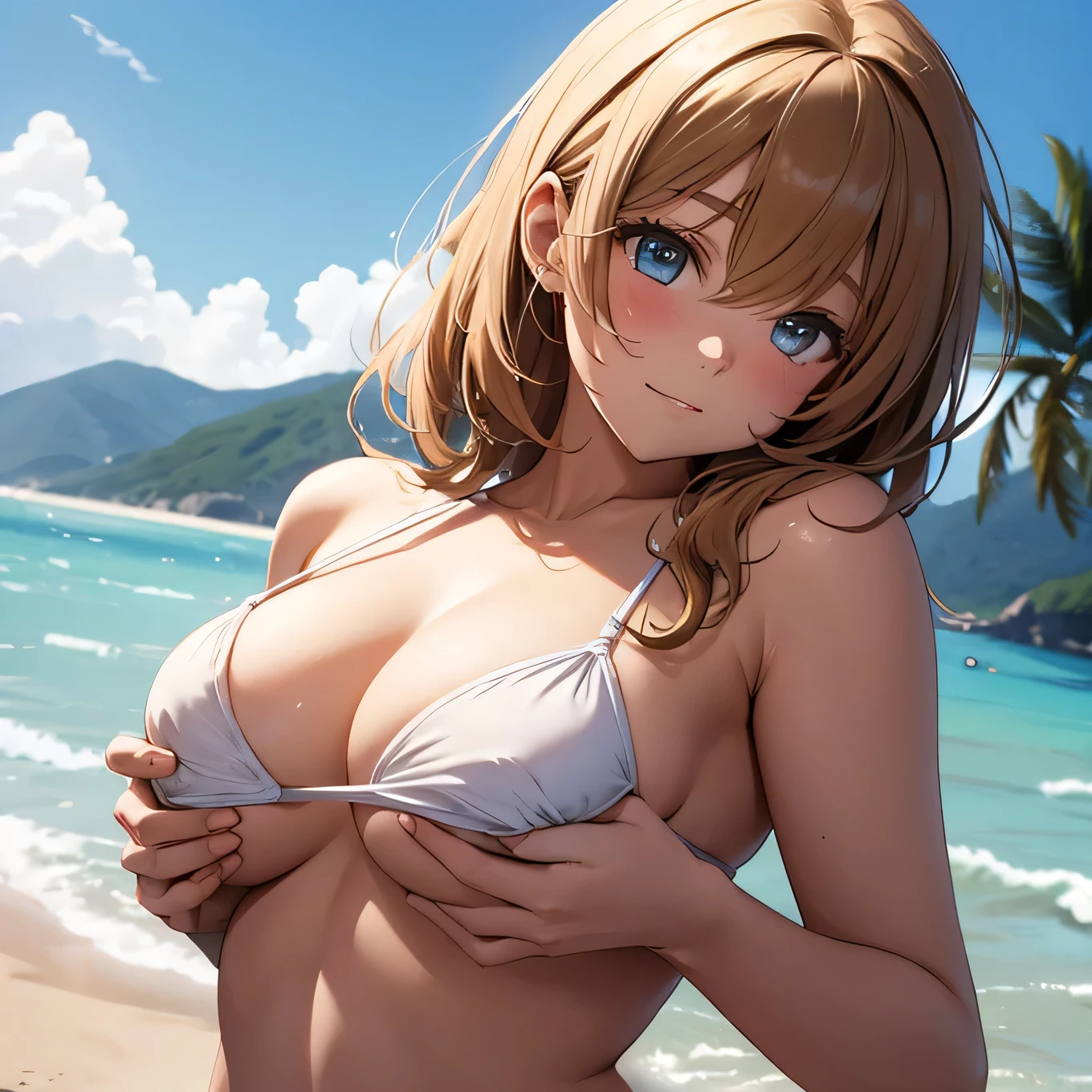 A girl squeezing her breasts , at beach.