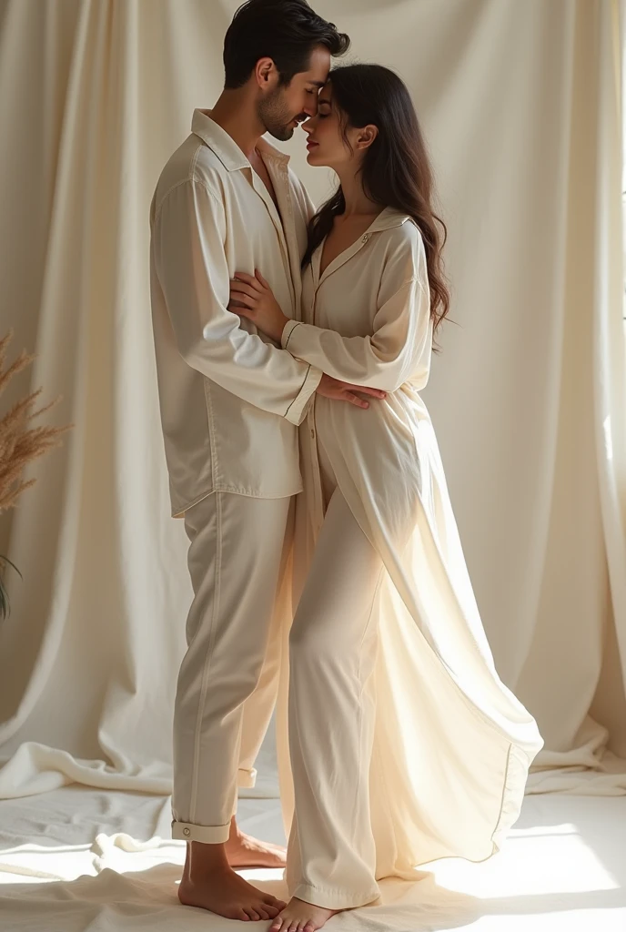I want man and woman posing linen pajamas 