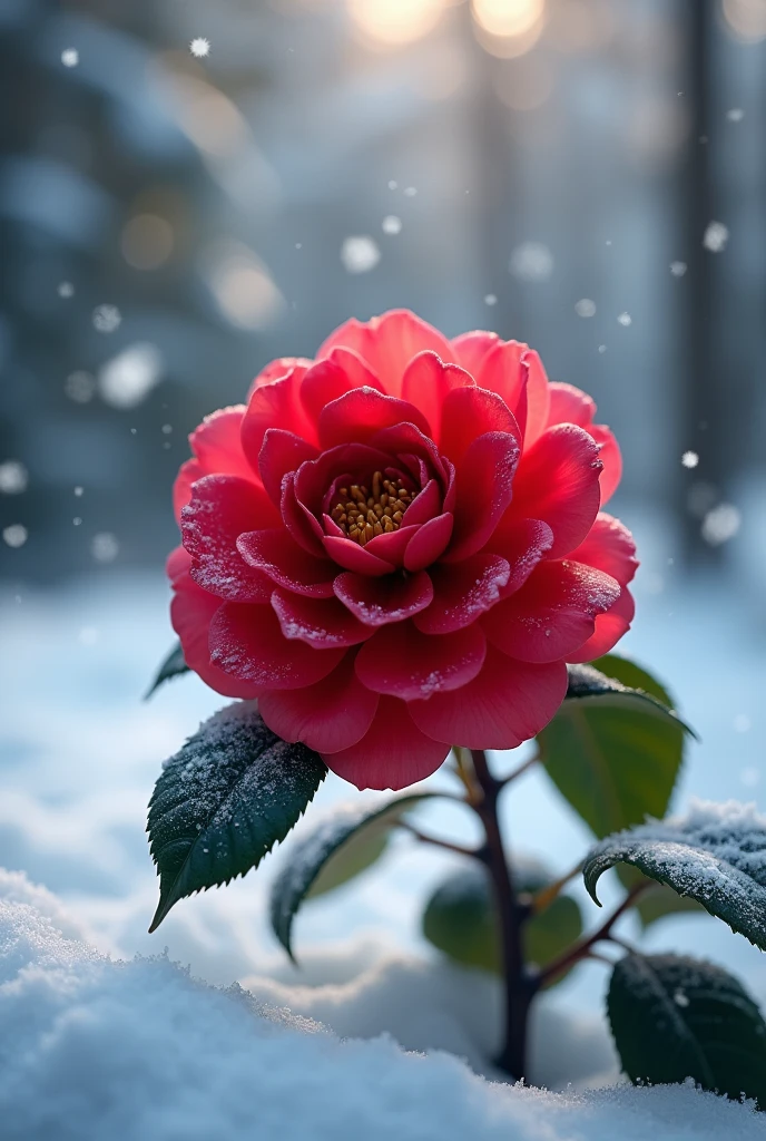 a vibrant red single camellia, blooming in freshly fallen snow, creating a stunning contrast, highly detailed, photorealistic, 8k, professional studio lighting, vivid colors, cinematic composition, dramatic lighting, snow covered landscape, intricate flower petals, ethereal atmosphere, serene, peaceful, photorealistic
