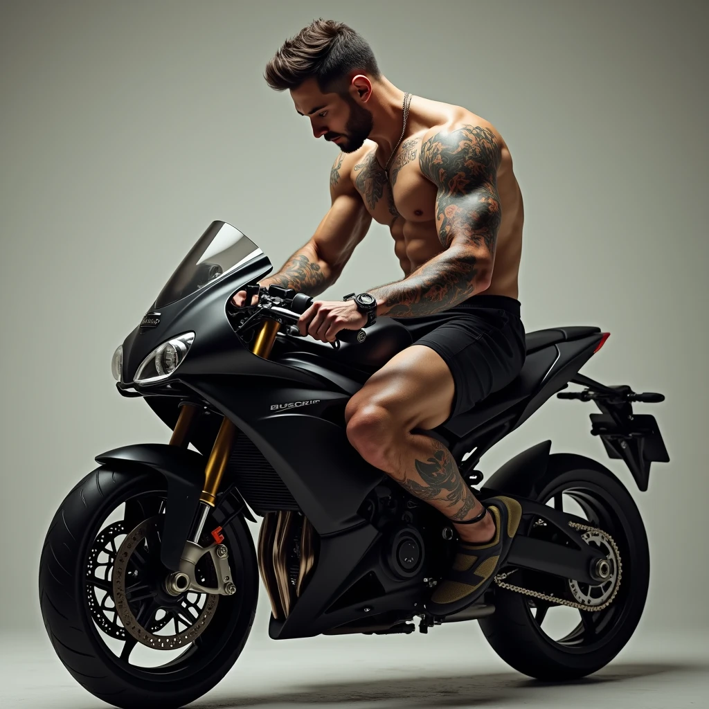 A handsome shirtless man with tattoos, wearing shorts with a penis bulge marking the shorts. Sitting on a sports bike