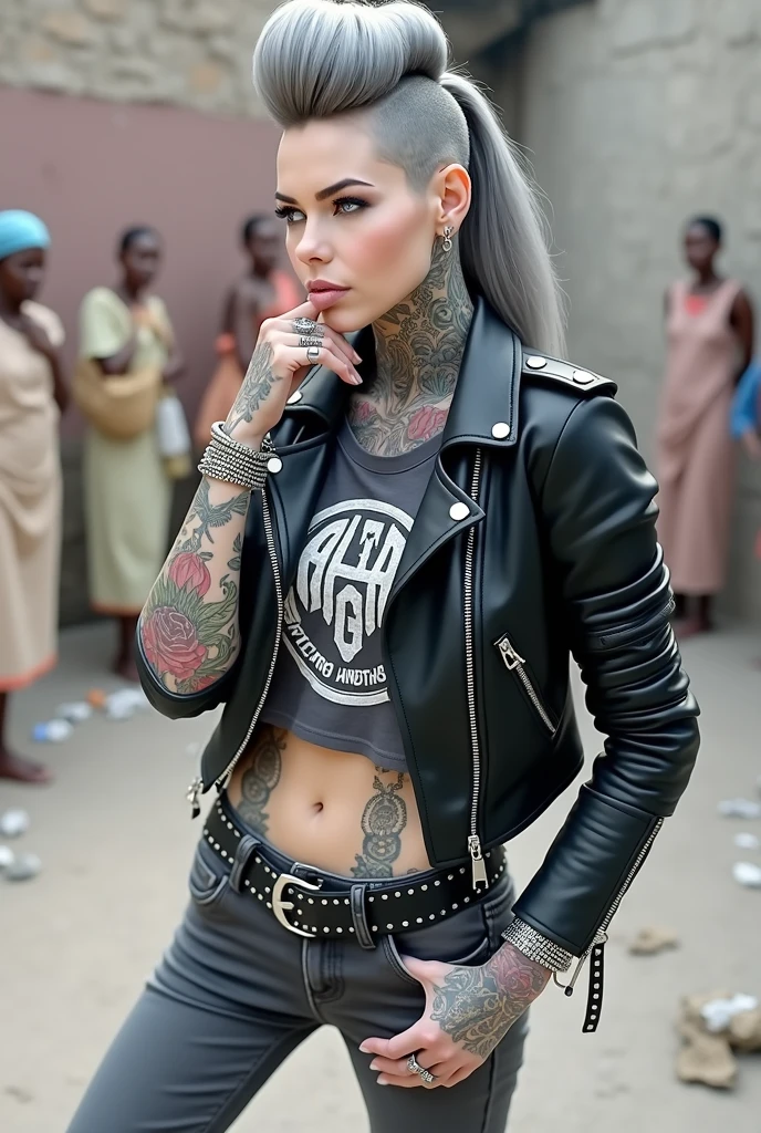 russian milf woman, grey  hair (high pouf, shaved sides, top bun), with very light blue eyes, extremely pale skin. All neck tattooed. All stomach tattoed. All chest tattooed.All hands tattooed.Wearing aged black moto jacket with lots of zippers and pins, flipped up collar. Cropped dark grey t-shirt with rock band logo. Dark grey  skinny  low rise jeans.. wide black studded belt. hands in pockets, chin up, stretching her neck , humble facial expression.. Listening with tilted head, looking up to somebody more clever  speaking to her. Well toned abdominals, thin neck, slim legs and thin arms. Narrow hips. Dirt street in Kenyan village full of waste. Lots of silver bracelets. A lot of tanned fat women  in traditional dresses around looking down at her