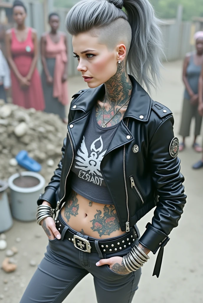 russian milf woman, grey  hair (high pouf, shaved sides, top bun), with very light blue eyes, extremely pale skin. All neck tattooed. All stomach tattoed. All chest tattooed.All hands tattooed.Wearing aged black moto jacket with lots of zippers and pins, flipped up collar. Cropped dark grey t-shirt with rock band logo. Dark grey  skinny  low rise jeans.. wide black studded belt. hands in pockets, chin up, stretching her neck , humble facial expression.. Listening with tilted head, looking up to somebody more clever  speaking to her. Well toned abdominals, thin neck, slim legs and thin arms. Narrow hips. Dirt street in Kenyan village full of waste. Lots of silver bracelets. A lot of tanned fat women  in traditional dresses around looking down at her