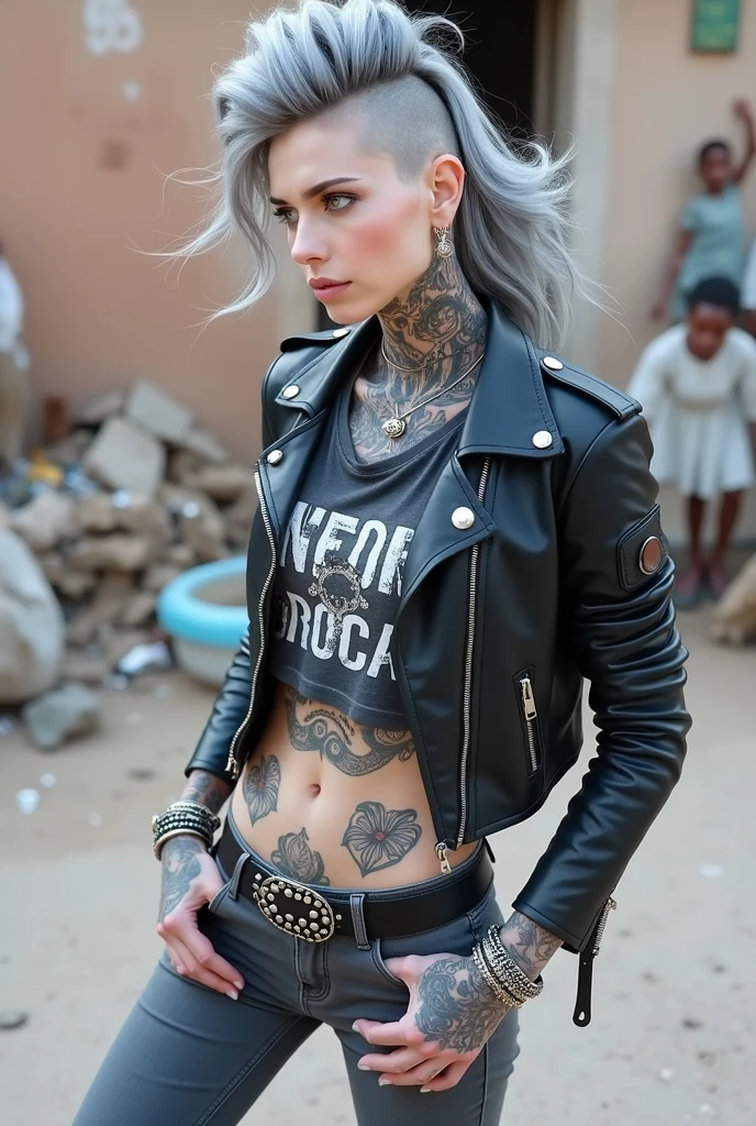 russian milf woman, grey hair (high pouf, shaved sides, top bun), with very light blue eyes, extremely pale skin. All neck tattooed. All stomach tattoed. All chest tattooed.All hands tattooed.Wearing aged black moto jacket with lots of zippers and pins, flipped up collar. Cropped dark grey t-shirt with rock band logo. Dark grey skinny low rise jeans.. wide black studded belt. hands in pockets, chin up, stretching her neck , humble facial expression.. Listening with tilted head, looking up to somebody more clever speaking to her. Well toned abdominals, thin neck, slim legs and thin arms. Narrow hips. Dirt street in Kenyan village full of waste. Lots of silver bracelets. A lot of tanned fat women in traditional dresses around looking down at her