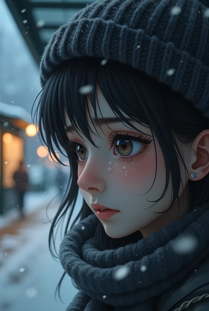 snow day In front of the bus stop Waiting for the bus Beauty Close-up of face, tears flowing I can see the cafe