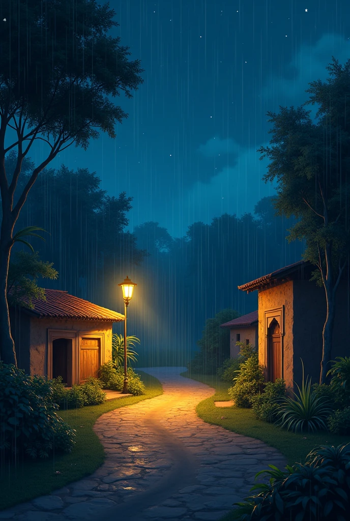 Natural view of gujarat village , night scene, House, rain, street light