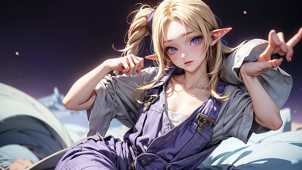 ((Masterpiece)), (Anime:1.5), ((best quality)), (RAW photo:1.2), (High Definition:1.3), (Professional Photography:1.2), (), (1girl), cute young girl, (paw posing:1.4), BREAK, (naughty face:1.3), (Beautiful purple daiamond eyes:1.5), (pale skin), elf girl, wearing Gray Workwear Coveralls, flat chest, slender waist, BREAK, (hair over eyes:1.2), Silky unruly hair, medium hair, ((blond hair)), wearing Gray Workwear Coveralls, ((outside The Frozen Desert)),