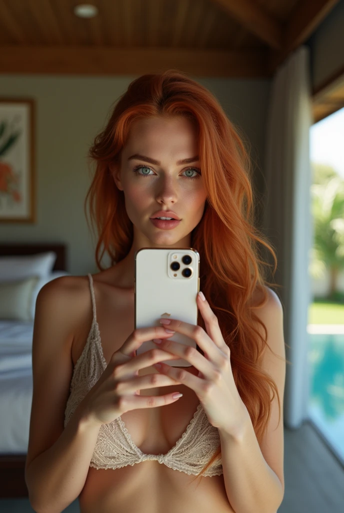 Super realistic, highly detailed, sexy, redhead hair Ukrainian girl, medium breasts, blue eyes, 1, standing in front of a mirror in a luxurious bedroom of a villa in Bali with a view of the pool at dusk, holding an iPhone 15 Pro Max, taking a mirror selfie while wearing a sexy bikini, soft lighting, luxurious bedding, photorealistic, raw, textured skin, skin pores, intricate details, epiCRealism