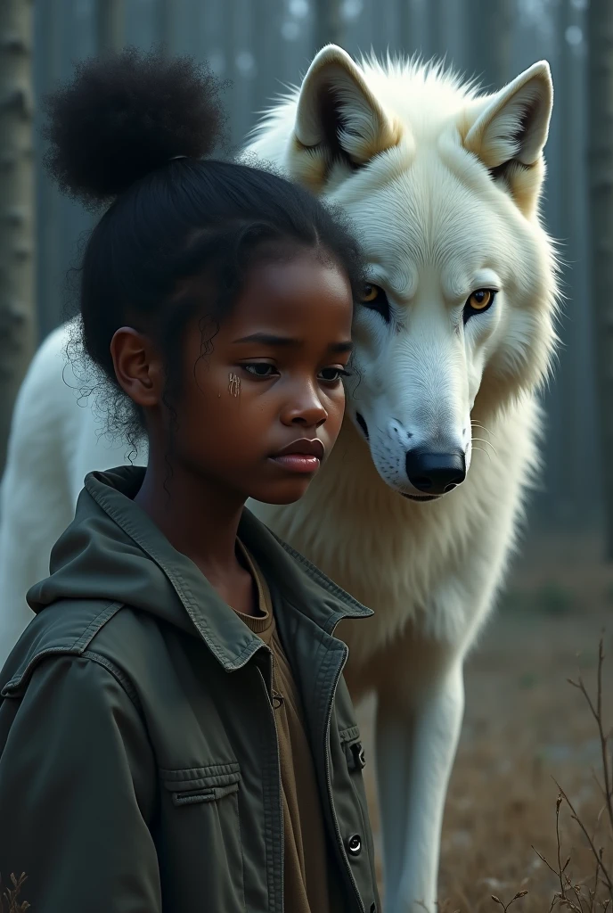 Une fille noire qui pleure avec un loup blanc derrière