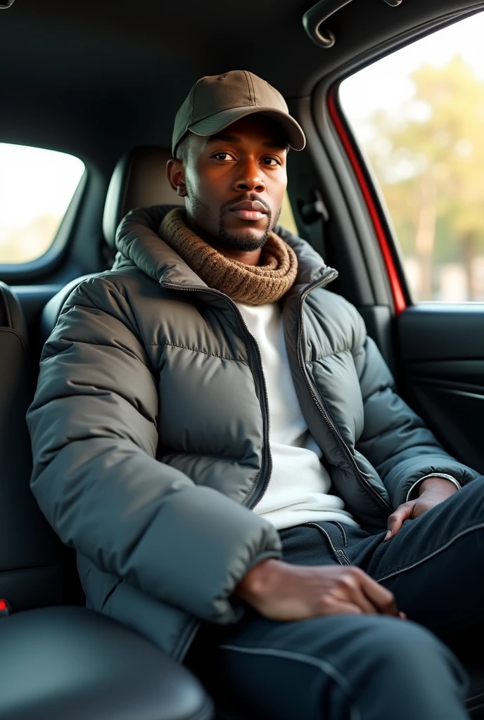 best qualityer:1.4), (ultra high resolution:1.2), (photorrealistic:1.4), (8k, CRU photo:1.2), ung black man, 20 years old. he is wearing a white shirt, gray puffer coat on top. He is wearing black jeans. Corte de cabelo buzzcut. He&#39;s wearing a gray cap backwards. He&#39;s wearing black sneakers. He is sitting in the back seat of the car. Corte de cabelo buzzcut. thin build. It&#39;s not blurry in the background. thin build. thin build. has 1.75 tall. There is a sun . best qualityer:1.4), (ultra high resolution:1.2), (photorrealistic:1.4), (8k, CRU photo:1.2), 1.75 tall. He is wearing a brown scarf 