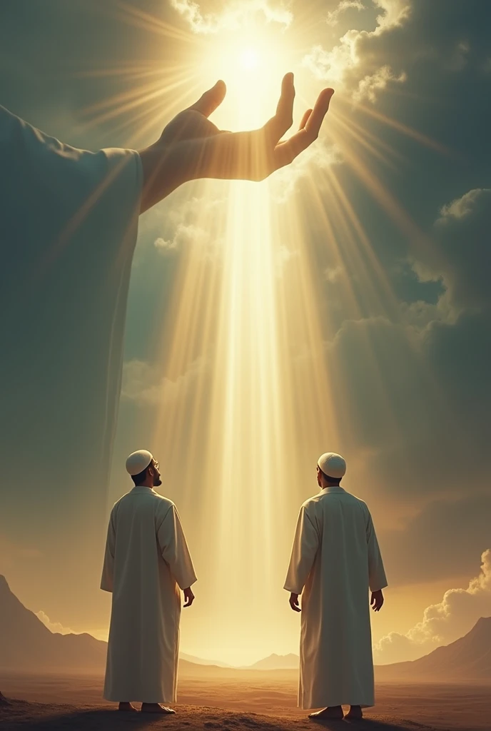 The hand of Allah comes from the sky and casts a shadow over two Muslim men on the ground