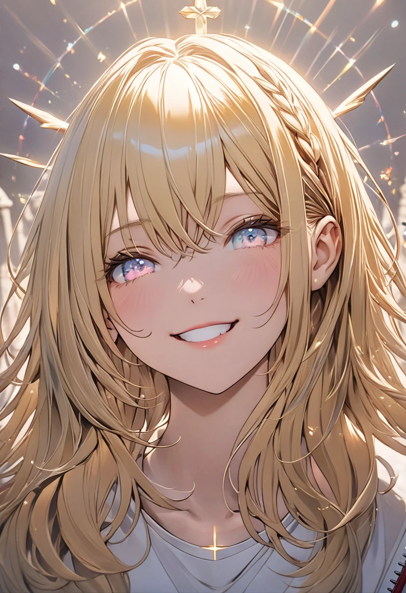 (pencil art:1.3),高いquality illustration, masterpiece, Very delicate and beautiful, attractive,pastel color,church,Delicate and beautiful eyes,A light smile,(masterpiece, Highest quality:1.2), High res, Very detailed CG ユニティ 8k 壁紙, Perfect lighting, colorful, Ultra-high res,4K,Very detailed, photograph, 8k, High resolution,{{beautiful medium-sized breasts1:4}},,(((Sacred))),Photoreal 1;4,{{blond hair}}, top quality, {{beautiful butt}}, cute girl, high quality background, BREAK, BREAK, 5 fingers