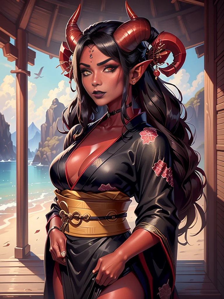 1girl, female, solo, tiefling, ((red skin, red colored skin, deep red skin)), Woman, jewelery, ear piercings, (straight black horns, black oni horns), black hair, long hair, yellow eyes, black lips, choker, goth, horn ornament, armour, ((master piece, best quality)), horns, pointed ears, make-up, black lipstick, (face detailed), face focus, portrait, fully body, (kimono:1.2), wearing black kimono, long flowing kimono, natural breasts, medium breasts, (red skin)