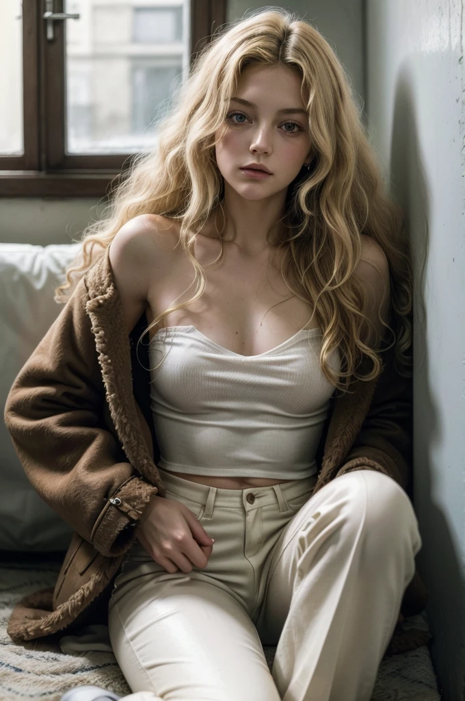 Woman sitting on a box smoking a cigarette in a dirty room, in the style of Nan Goldin, margiela campaign, in the style of Tim Walker, young Kate Hudson, style of Paolo Roversi, estilo britt marling 3/4, estilo britt marling 3 / 4, 7 0 s, estilo de britt marling Lane de Almost Famous, young and attractive woman with very curly blonde hair, defined curls, hair with curls, messy curly blonde hair a la Robert Plant 1973 rockstar attire, She wears a white strapless shirt with a low neckline and wears a long brown fur coat with white sheepskin., Brown fur coat with white plush or sheepskin, He is wearing black flared trousers, black flared pants, He holds a cigarette in his hand, hippie de los 70s, joven rockstar de 1973 Penny Lane almost famous, pretty, young and beautiful posing for the camera, rebel, vibes Led Zeppelin, 70s, Attractive young woman, Rockstar style 