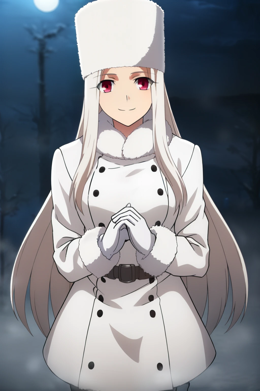 Irisviel Von Einzbern, (large ), oversized breastshair, (platinum-blonde hair), white fur coat, (belt), white gloves, (knee-high boots), white fur hat, solo, facing the viewer, looking at the viewer, smile, closed mouth, (hands put together), (night time), (foggy weather), (snow)