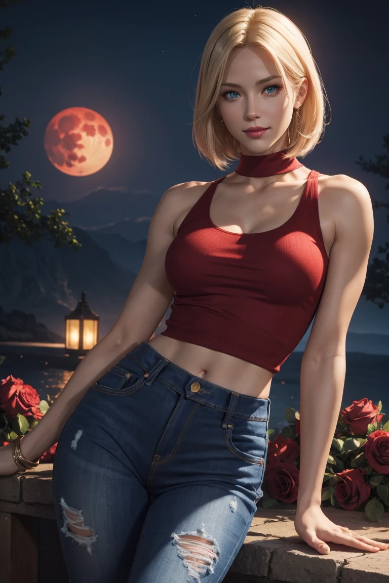 KOF,King of Fighters,Blue Mary,Blue Eyes,Blonde Hair,Medium Hair,Beautiful white skin,Photorealistic,Ultra HD,high quality,masterpiece,Digital SLR,Detailed details,Intricate details,Anatomical basis,Depicted in detail,A detailed face,Realistic skin texture,Vivid details,Perfect Anatomy,Perfect Anatomy,Anatomically correct hand,Anatomically correct fingers,Super Detail,Complex 3D rendering,Sexy pose,Red knit sleeveless top,jeans,Fantasy worldview,Beautiful red sea,Beautiful Red Moon,Beautiful night sky,Petals of roses dance,Picturesque,Pink Lips,smile,