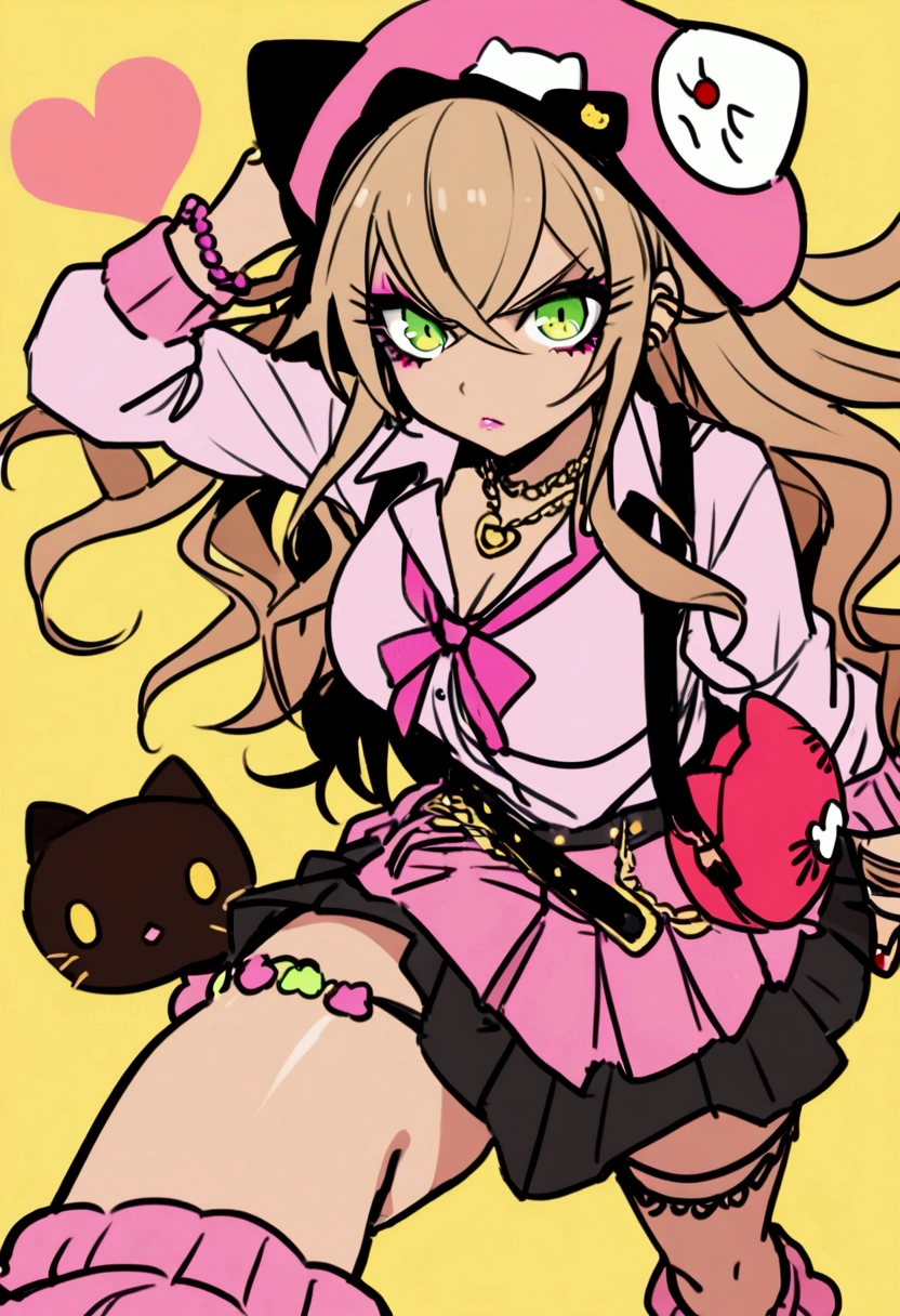 chica gyaru, with dark-skinned gyaru clothing, with chococat bag and hello kitty hat, with leg warmers and her pink clothes, Brown hair with green eyes and gyaru makeup