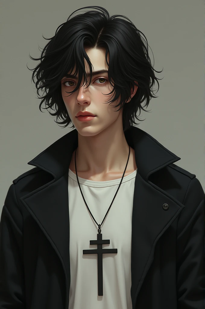 Boy with long black hair, white shirt, black jacket and crucifix 