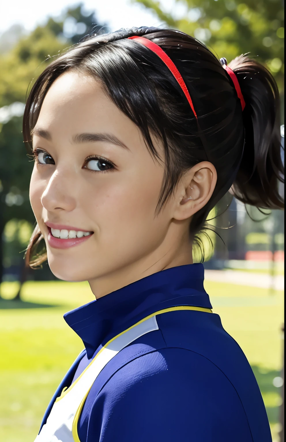 (Highest quality, masterpiece), (Beautiful Japan), (freckles:0.6), ponytail, smile, garden, Track and field athlete